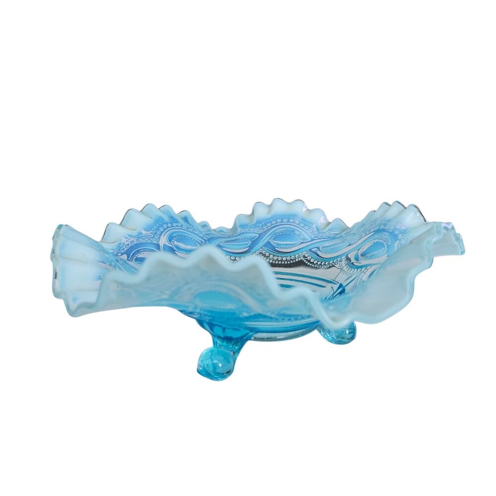 Vintage Blue Opalescent Pressed Glass Ruffled Bowl 3 Footed Decorative Dish READ